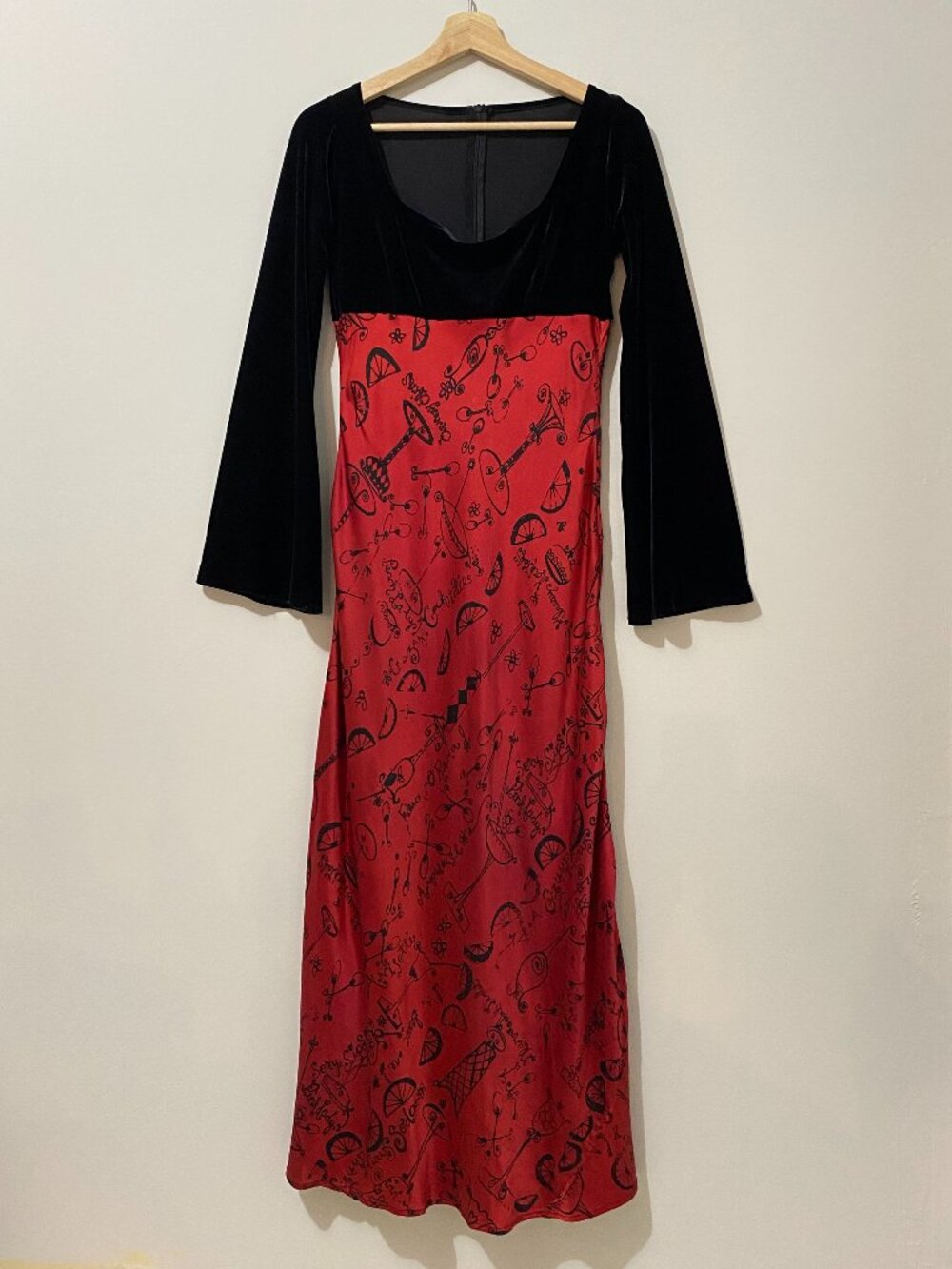 Peach Berserk Velvet Silk Mixed Media Maxi Dress Bell Sleeves Cocktail Whimsical
